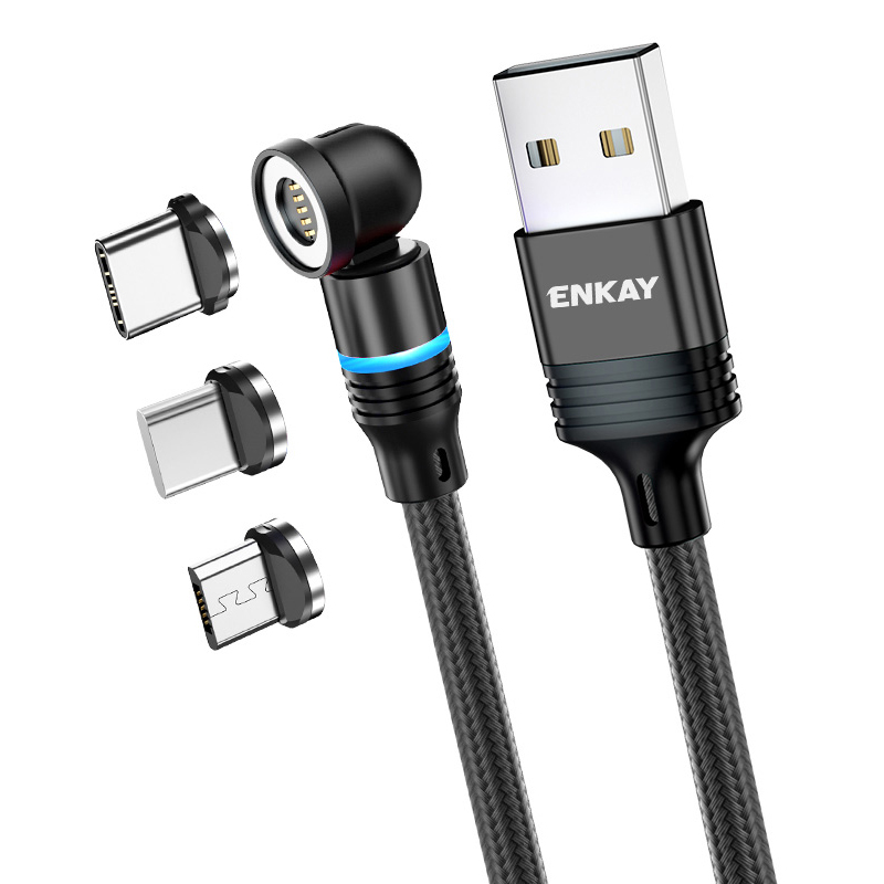 ENKAY HAT PRINCE 2m Magnetic Phone Charger Cable 3A USB to iP   Type-C   Micro USB Nylon Braided Data Cord with LED Light - Black