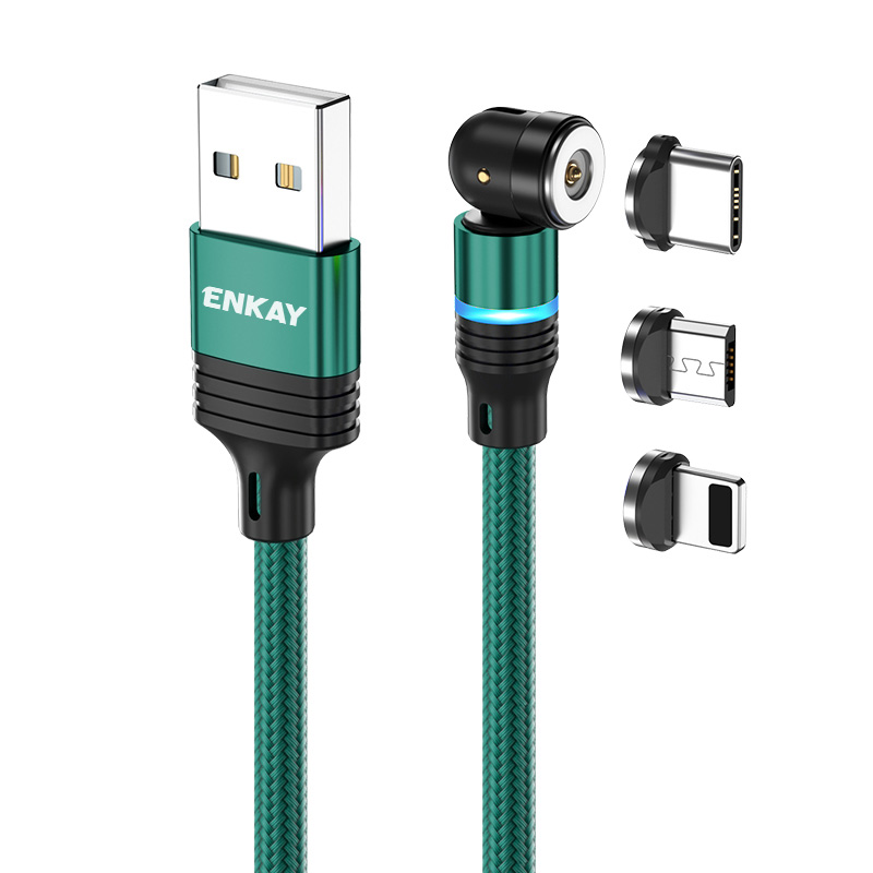 ENKAY HAT PRINCE 1m Magnetic Charger Cable 2.4A USB to iP   Type-C   Micro USB Nylon-Braided Cord  with LED Light - Green