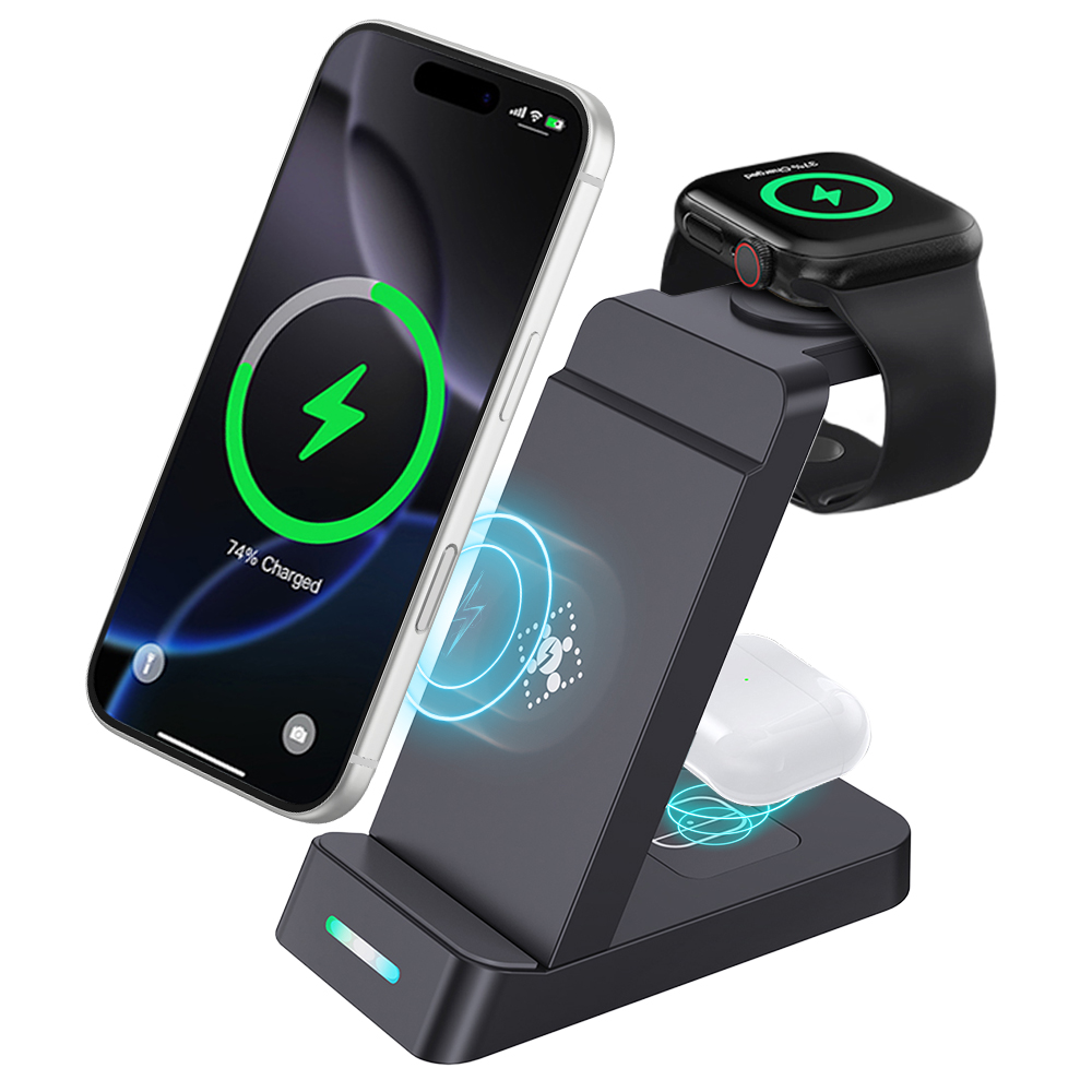 B-20A 3 in 1 Wireless Charger for Samsung Watch 3 / 4 / 5 / 6 / 7 /  Phone / Earphones Wireless Charging Stand - Black