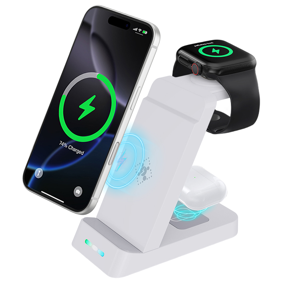 B-20A 3 in 1 Wireless Charger for Samsung Watch 3 / 4 / 5 / 6 / 7 / Phone / Earphones Wireless Charging Stand - White