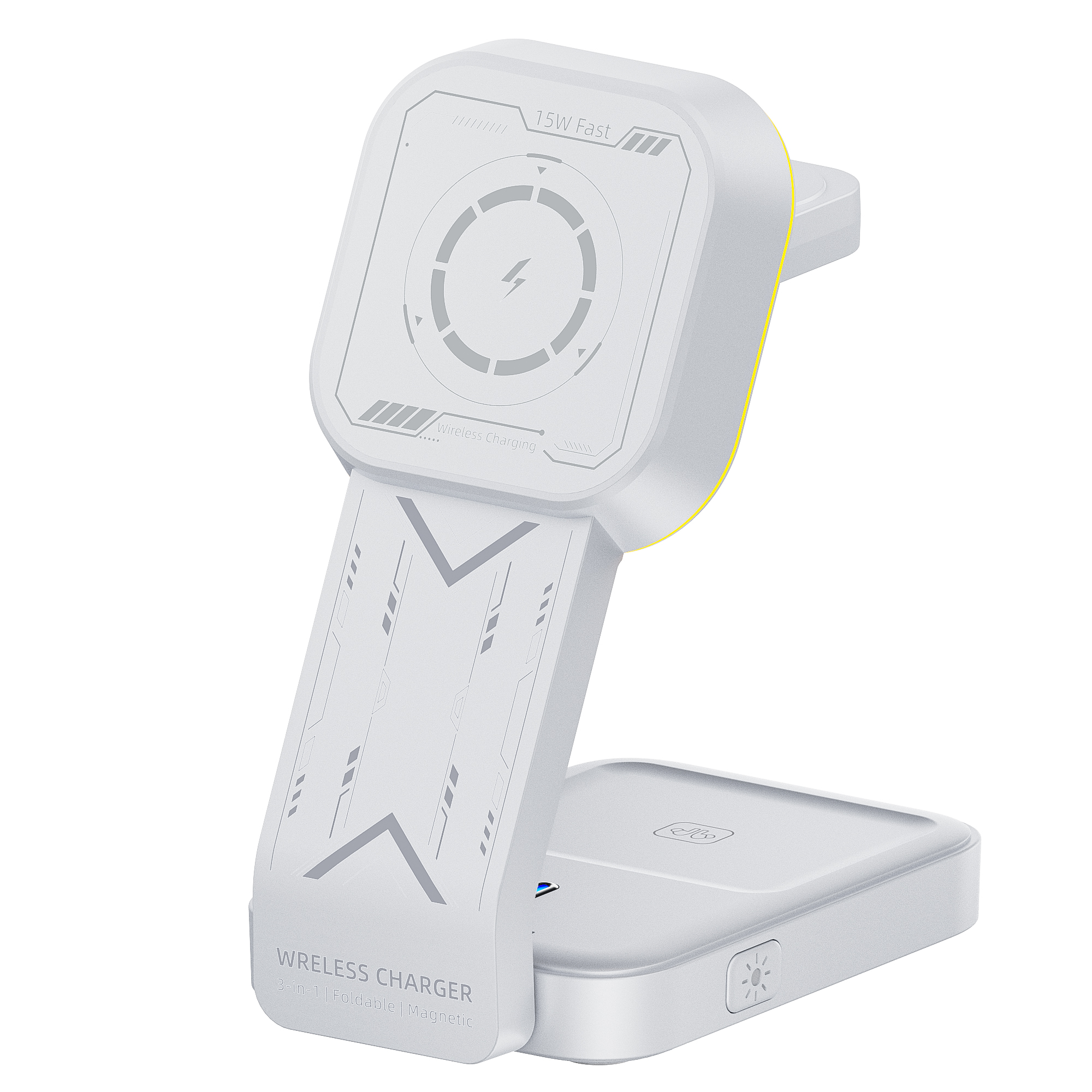HT-538 3 in 1 Foldable 15W Magnetic Wireless Charger with Night Light for Phone / Watch / Earbuds - White