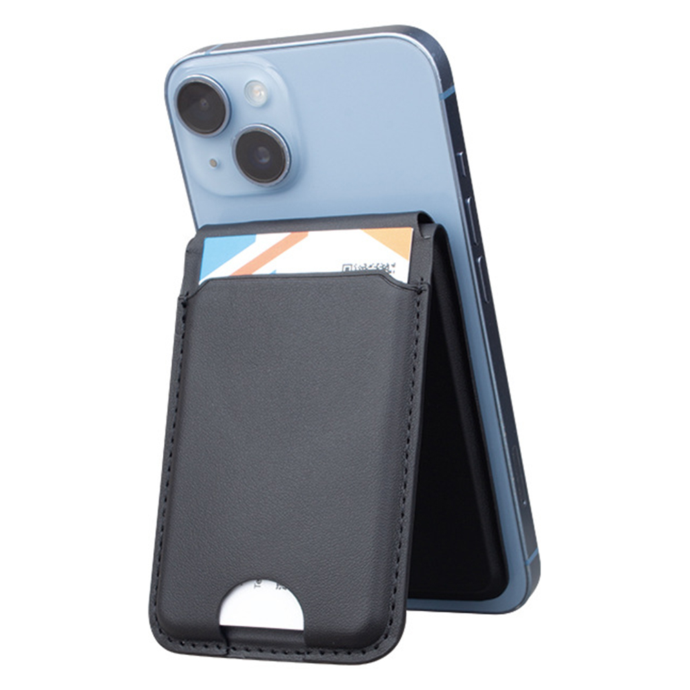 For iPhone / Apple Watch / AirPods Compatible with MagSafe Wireless Charger PU Leather Card Bag Phone Stand - Black