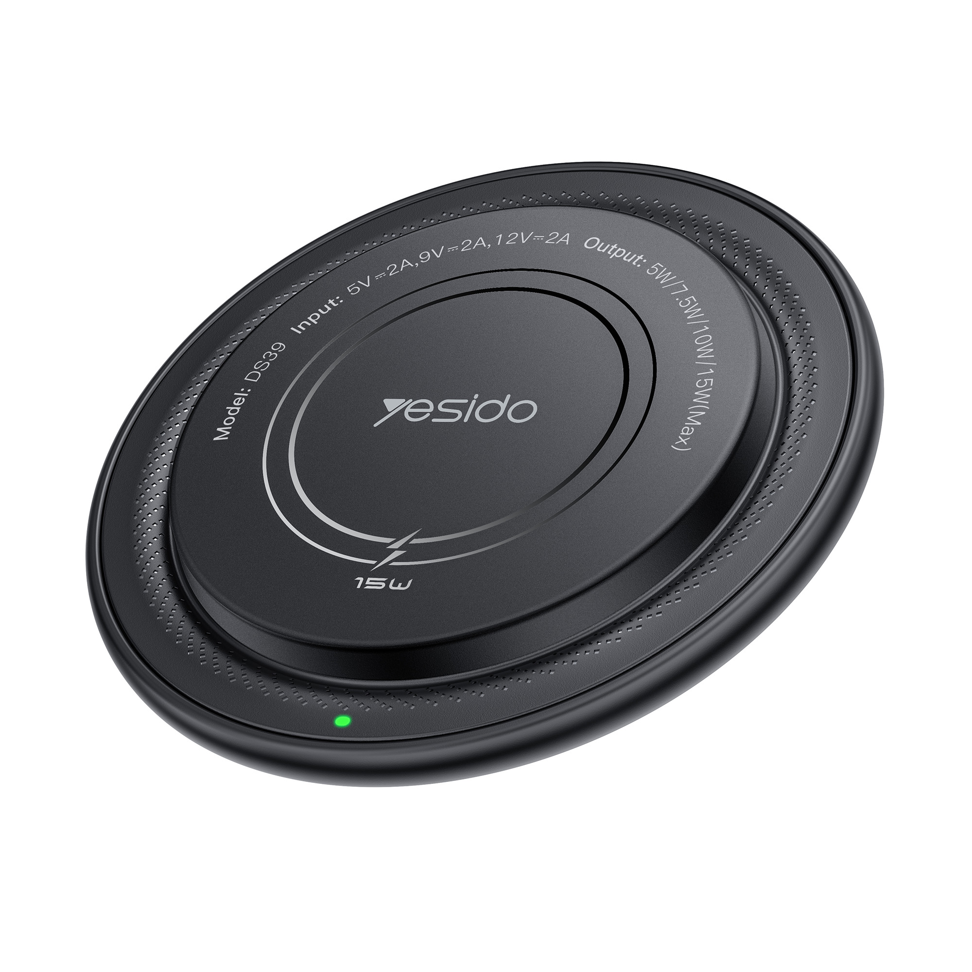 YESIDO DS39 15W Magnetic Wireless Charger Round Desktop Fast Charging Pad for Smartphone Earbuds - Black