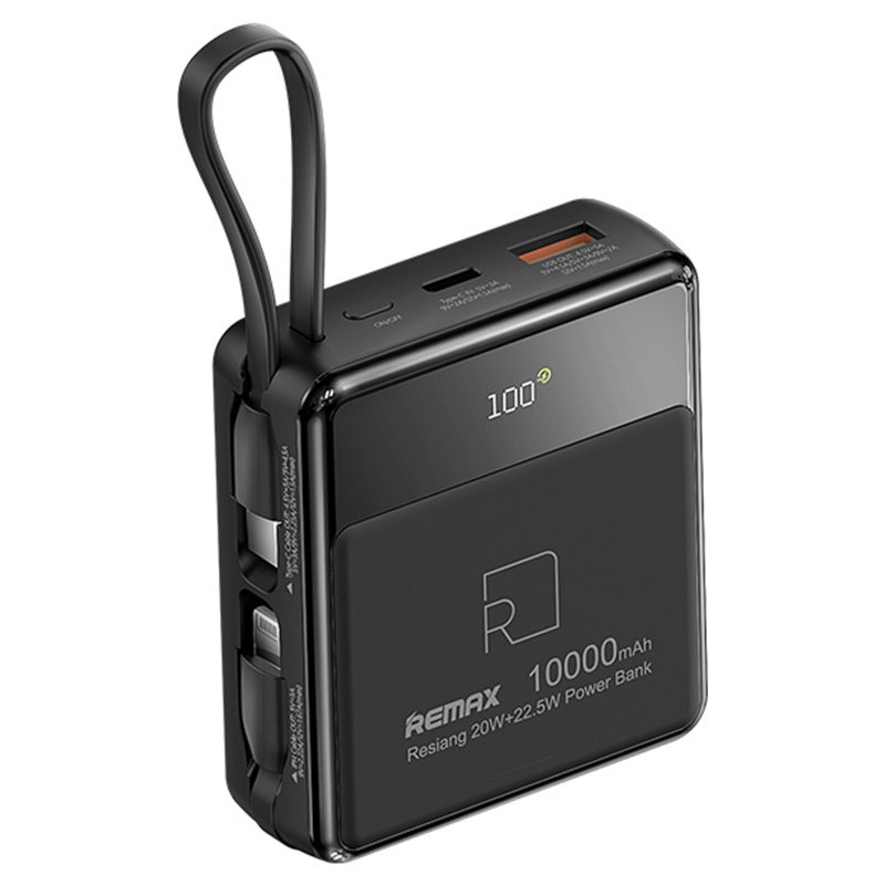 REMAX RPP-605 20W+22.5W Cabled Power Bank 10000mAh Portable Phone Charger with Dual Fast Charging Cable - Black