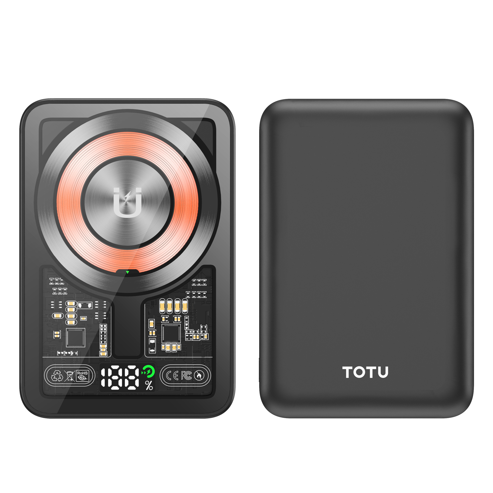 TOTU CPBW-015 Crystal Series Fast Charging Magnetic Power Bank 5000mAh Wireless Charger with LCD Display - Black