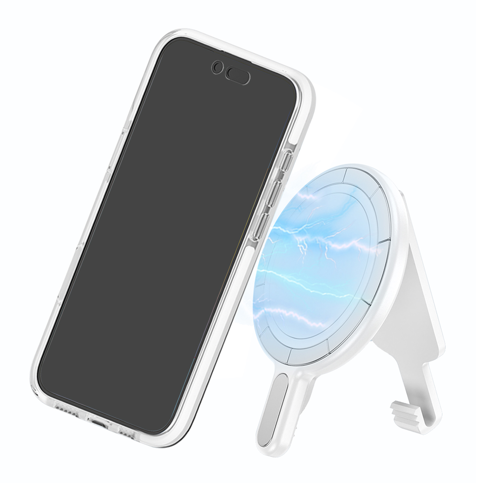 Magnetic Phone Mount Stand Multi-Functional Holder Anti-Drop for Belt Clip / Desktop / Computer Clip - White