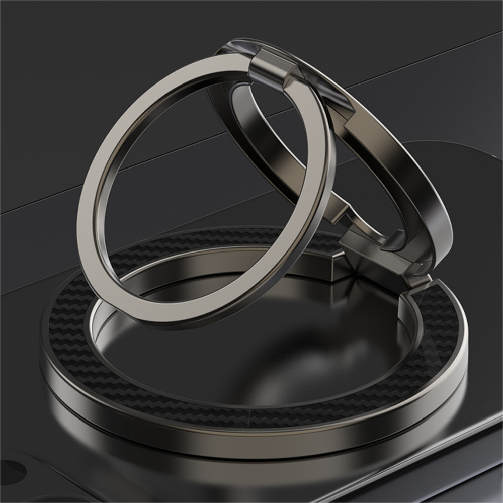 Dual Axis Carbon Fiber Textured Foldable Metal Magnetic Phone Back Ring Stand Multi Angle Viewing Kickstand - Black