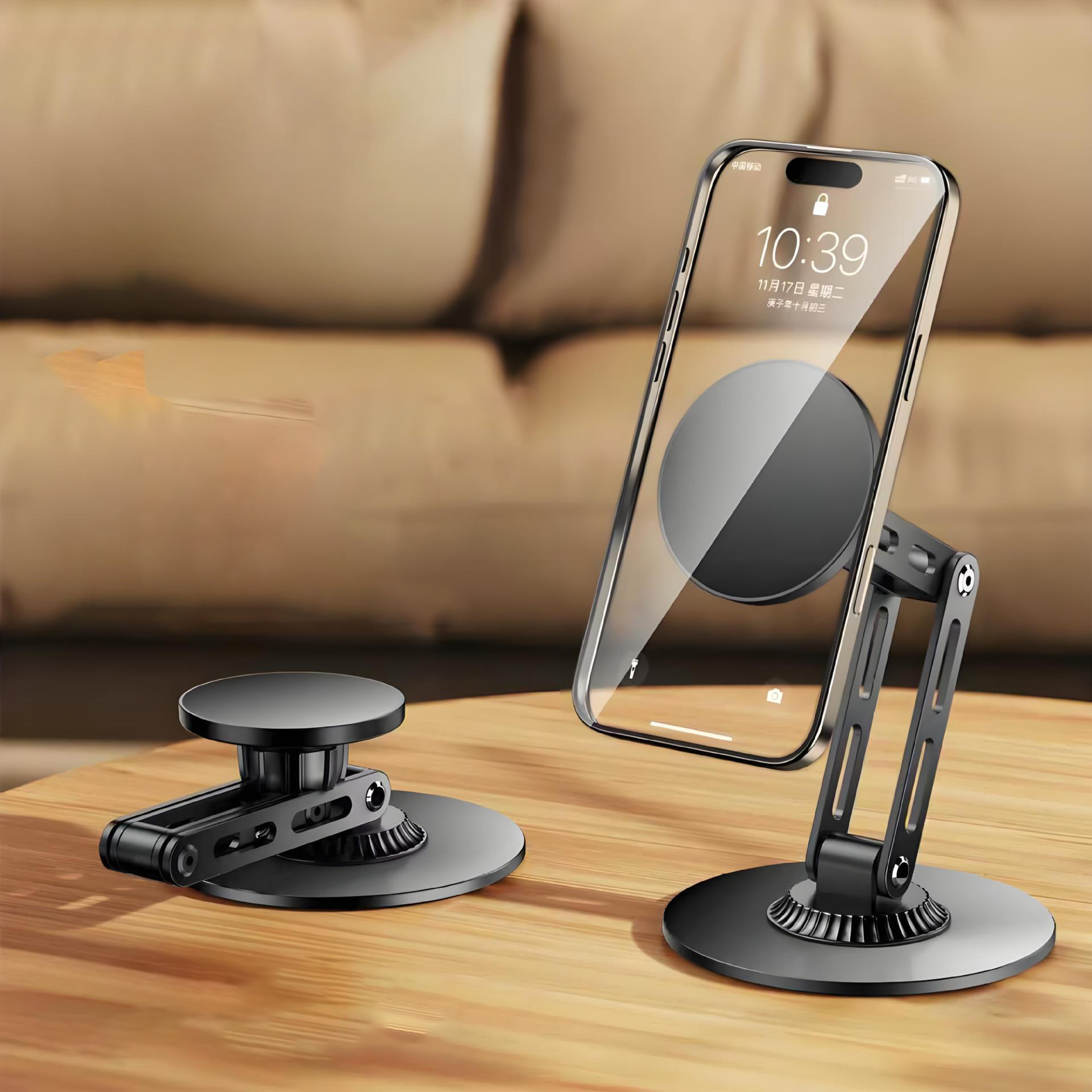 Desktop Magnetic Phone Stand Three-Axis Adjustable Metal Bracket for Live Streaming / Movie Watching - Black