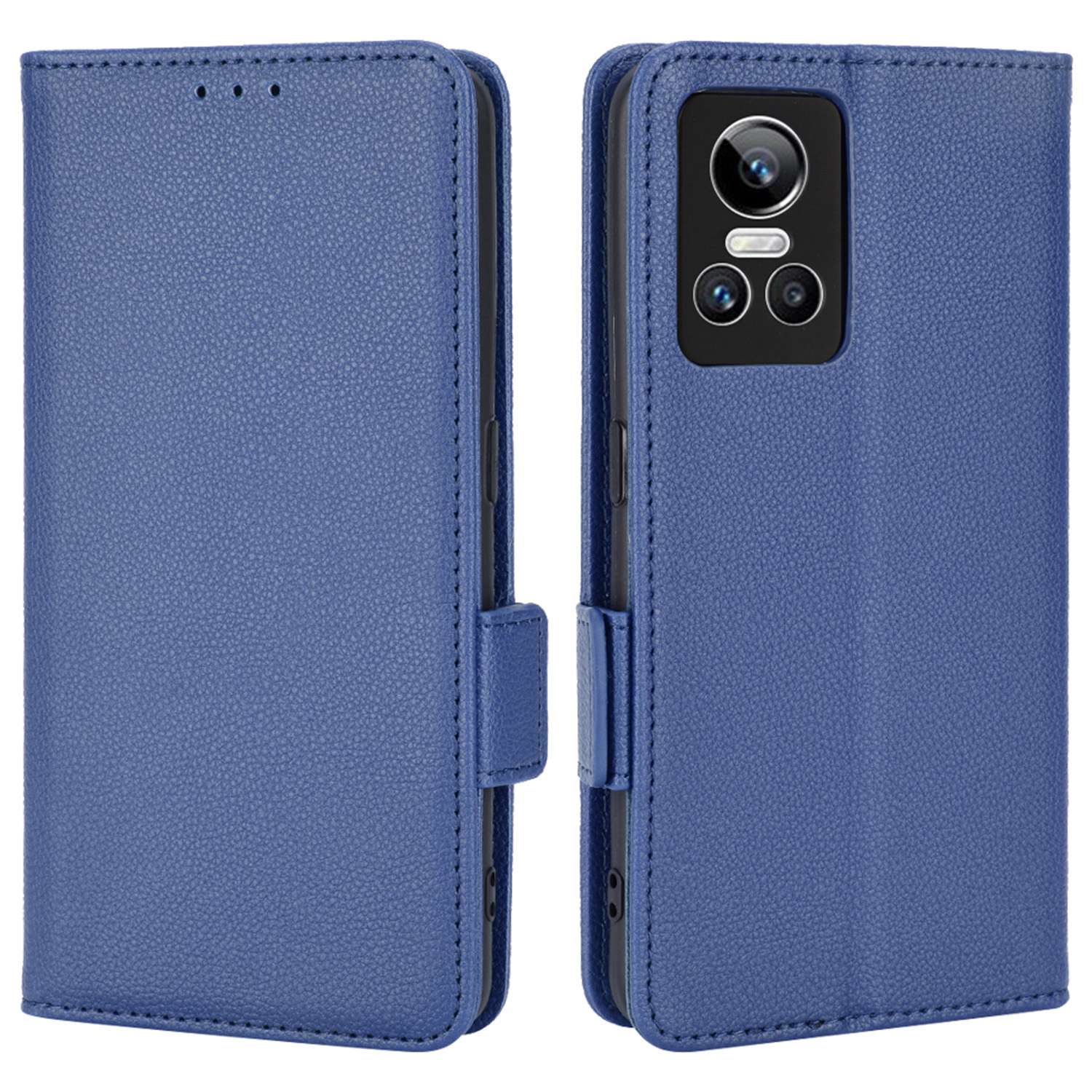 

Für Realme GT Neo3 Anti-fall-fall Litchi Textur Wallet Hülle Dual Magnetic Clasp PU Lederständer Flip Folio Telefonabdeckung - Dunkelblau, Realme GT Neo3