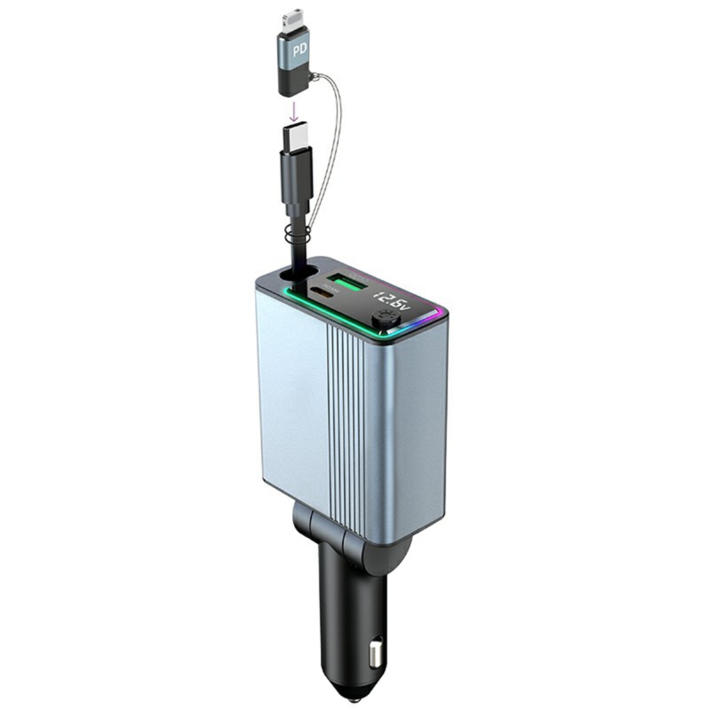 K39 Type-C PD 30W USB QC3.0 Car Charger Ambient Light Adapter with Extendable Cable
