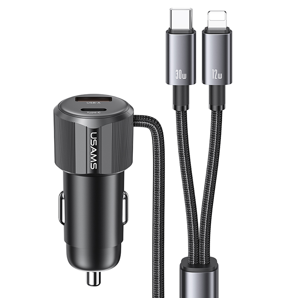 USAMS CC287 66W Dual Port Car Charger Adapter with Type-C and iP Cable for Multiple Devices
