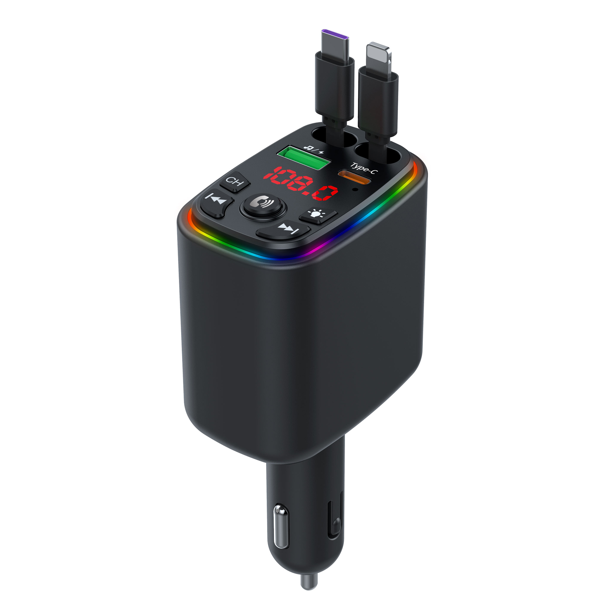 Y9 Voltage Display Car Charger MP3 Player with Retractable Type C + iP Cable Bluetooth-Compatible FM Transmitter