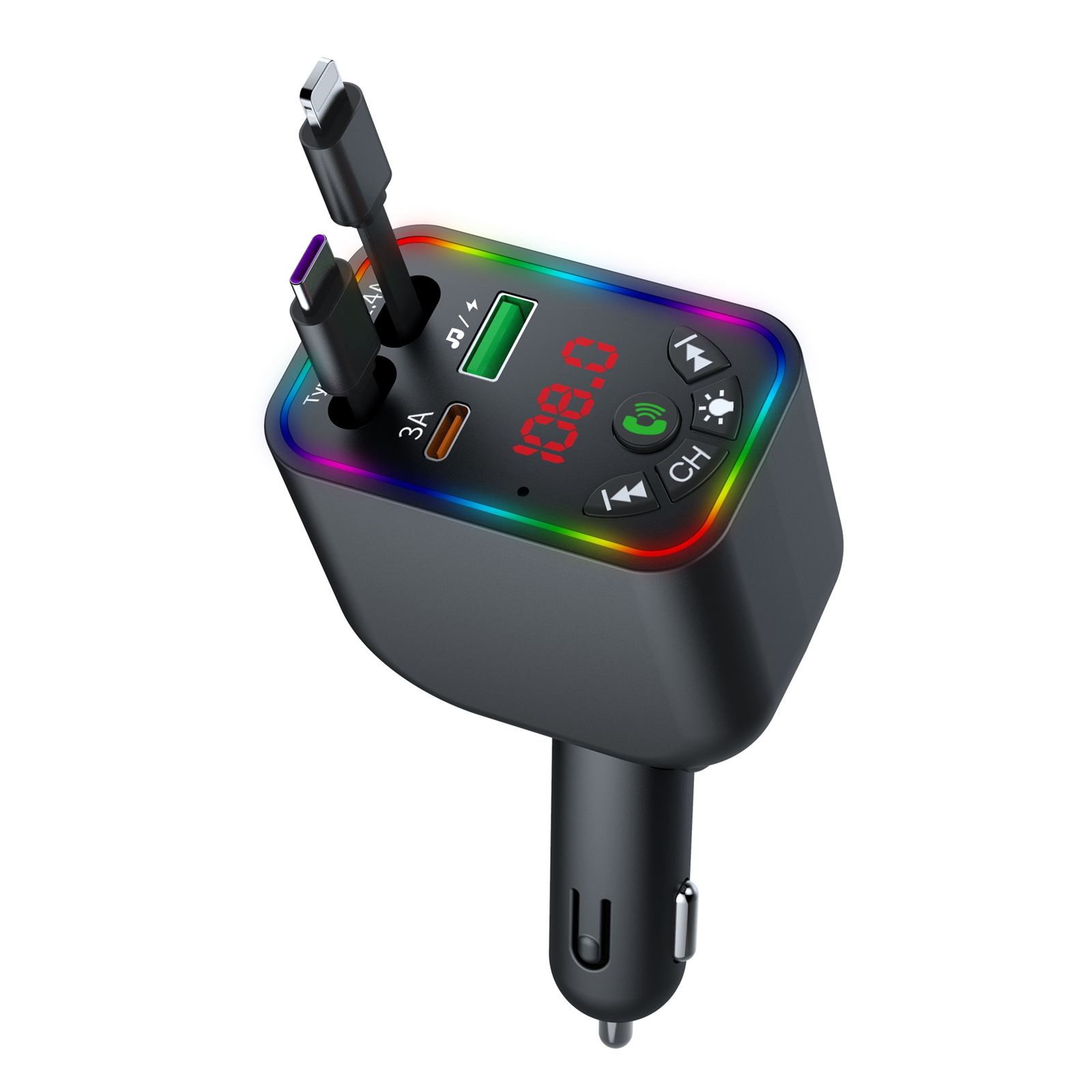 L5 Car Bluetooth-Compatible MP3 Player Hands Free Calling FM Transmitter Fast Charger with Retractable Type C + iP Cable