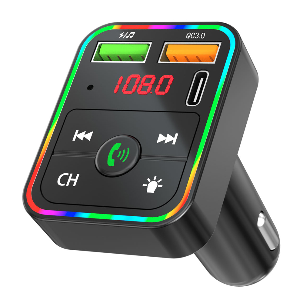 PDF2 USB A + Type C Car Fast Charger FM Transmitter Bluetooth-Compatible Hands Free Call MP3 Player with Ambient Light