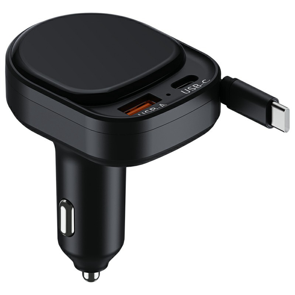 K8 USB-A + USB-C Dual Port Car Charger PD 20W + QC 18W Fast Charger with Retractable Type C Cable - Black