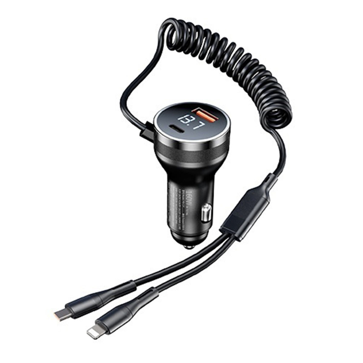 AZEADA PD-C37 USB-A + Type-C 66W Fast Charging Car Charger with Type-C + iP Spring Cables - Black