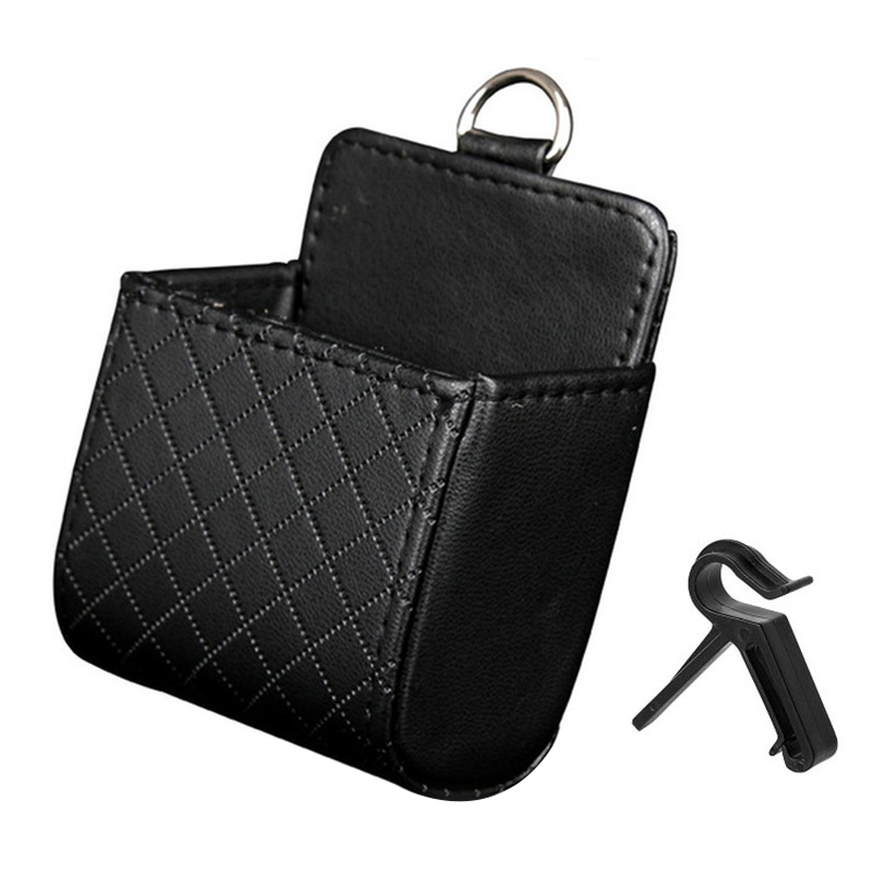 

BY-016 Auto Lufteinleitungshänge Leder Organizer Box Gläser Telefonhalter Aufbewahrungskoffer (mit Haken) - Schwarz