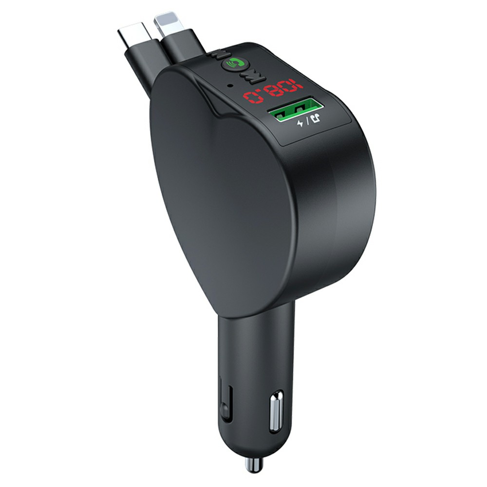 Y2 Car Bluetooth-compatible MP3 Player Voltage Monitor Hands-Free Call Adapter with Type-C + iP Retractable Cables
