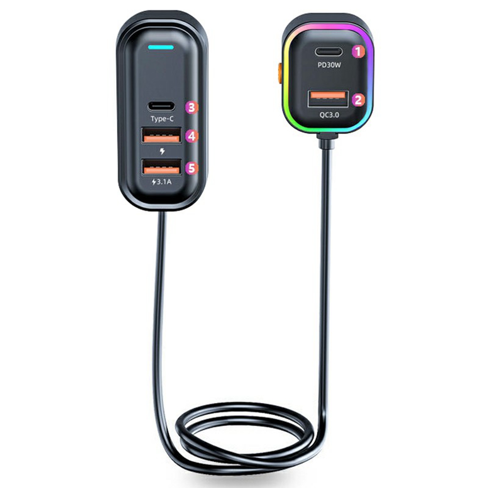 PD 30W Fast Charging Adapter with 1m Extension Cable Rear Seat Multi-Port Car Charger