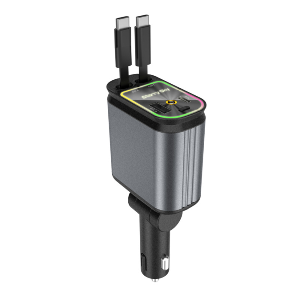 Multifunctional 4 in 1 Voltage Display Car Charger with Dual Retractable Cables Star Projector - Type C + Type C
