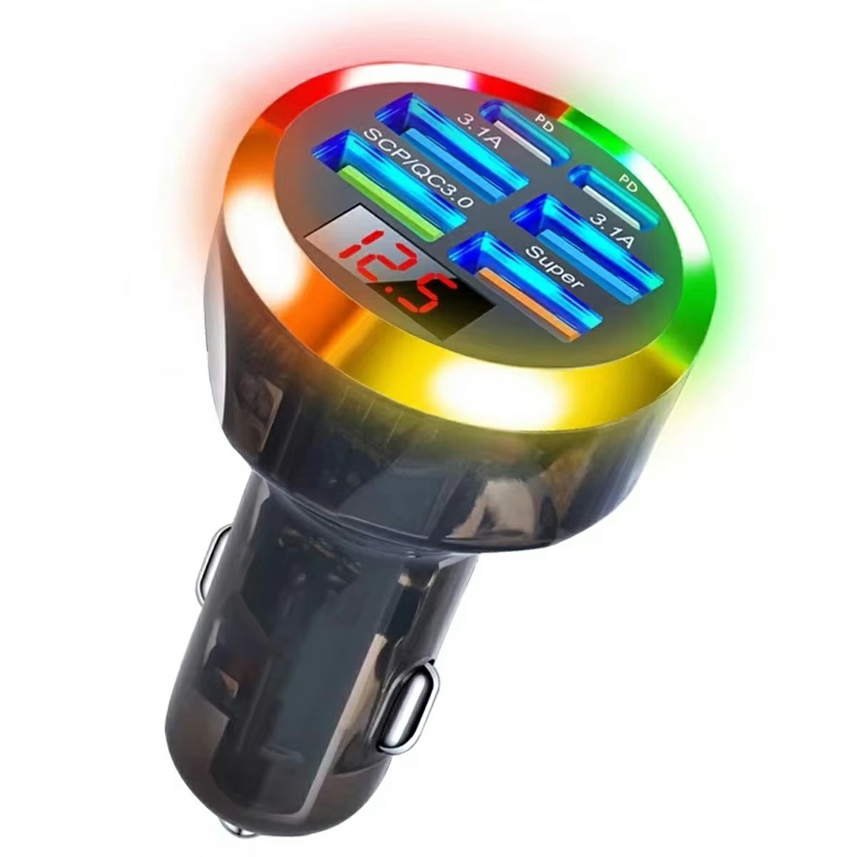 Portable 6-Port Car Charger 150W Fast Charger with Voltage Display PD QC3.0 Fast Charging Adapter