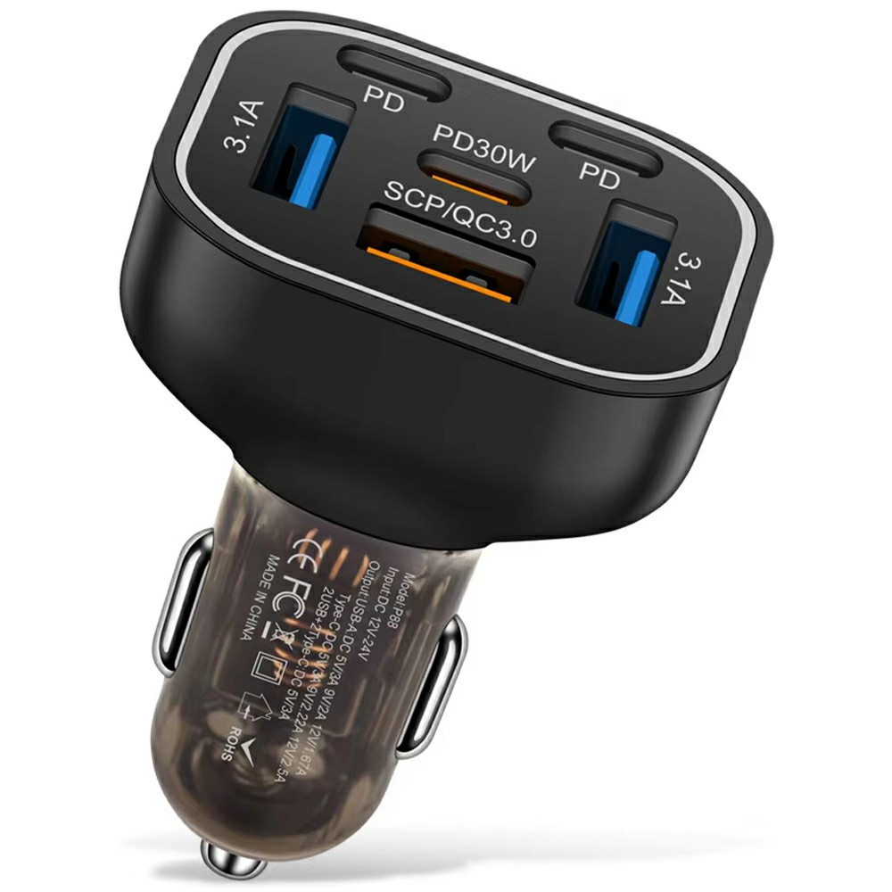 63W 6-Port Car Charger Portable 3 USB + 3 PD Fast Charging Adapter with Colorful LED Light