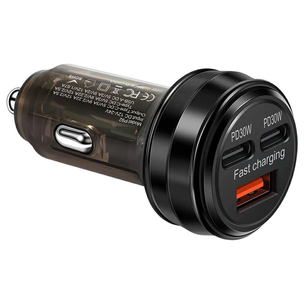80W Car Charger 3 Ports USB + PD Type C Fast Charging Portable Cigarette Lighter Adapter - Black