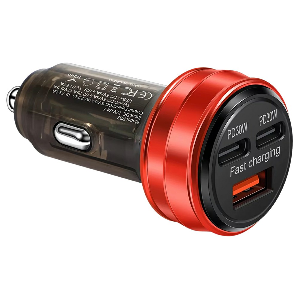80W Car Charger 3 Ports USB + PD Type C Fast Charging Portable Cigarette Lighter Adapter - Red