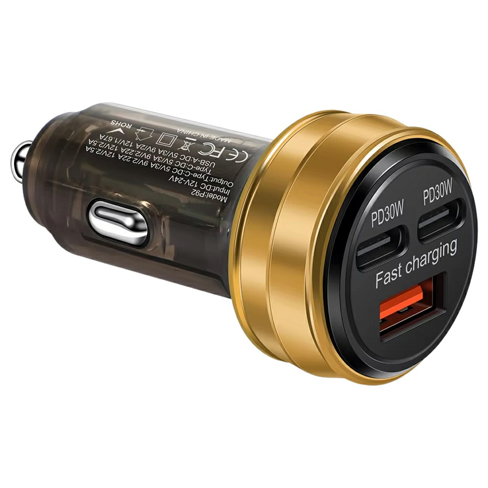 80W Car Charger 3 Ports USB + PD Type C Fast Charging Portable Cigarette Lighter Adapter - Gold