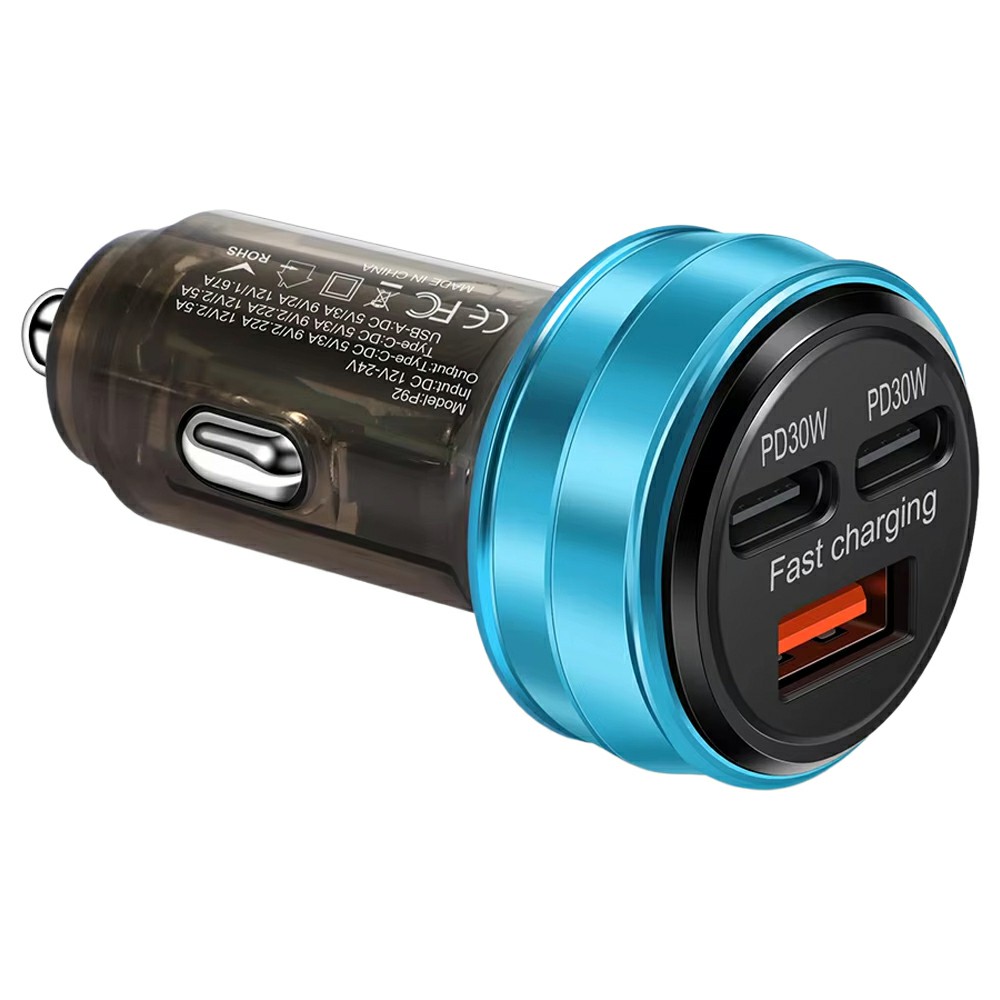 80W Car Charger 3 Ports USB + PD Type C Fast Charging Portable Cigarette Lighter Adapter - Blue