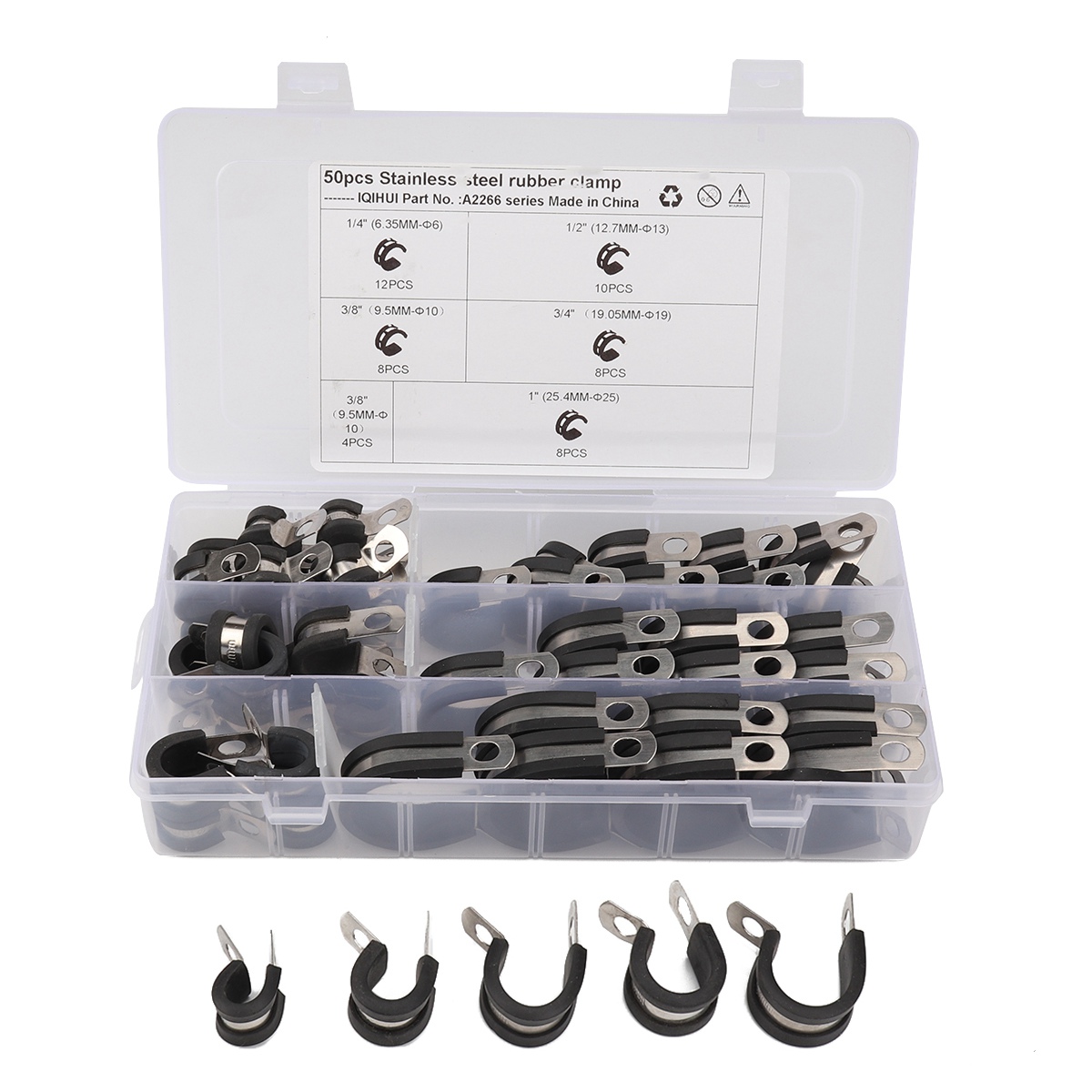 

A2266 50pcs / Setzen Sie 5 Größen Schlauchrohrklemmen 304 Edelstahl Gummi Ausgekleidetes P -clips Drahtkabelklemme Kit