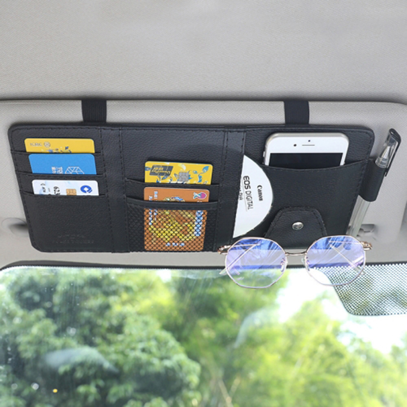 

Car Sun Visor Dekorative Aufbewahrungstasche PU Leder Bill Brillen Karten CD Holder Aufbewahrungstasche (kein Reißverschluss) - Schwarz