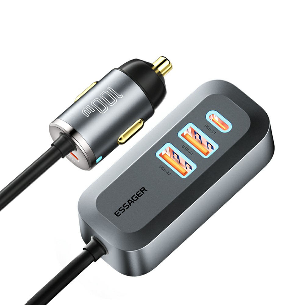 

ESSAGER 4-port Car Charger 100W 2 Type-C + 2 USB -A Car Charger Cigarette Lighter Adapter with 1.5m Cable Compatible with iPhone, Android, Universal