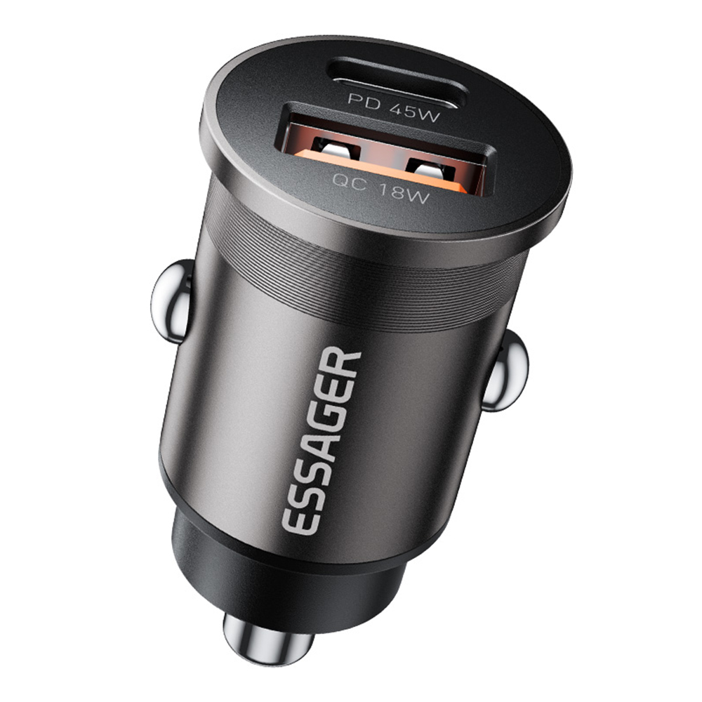 ESSAGER ES-CC15 Car Charger 45W Dual Port USB-A + Type-C Fast Charging Socket Cigarette Lighter - Grey