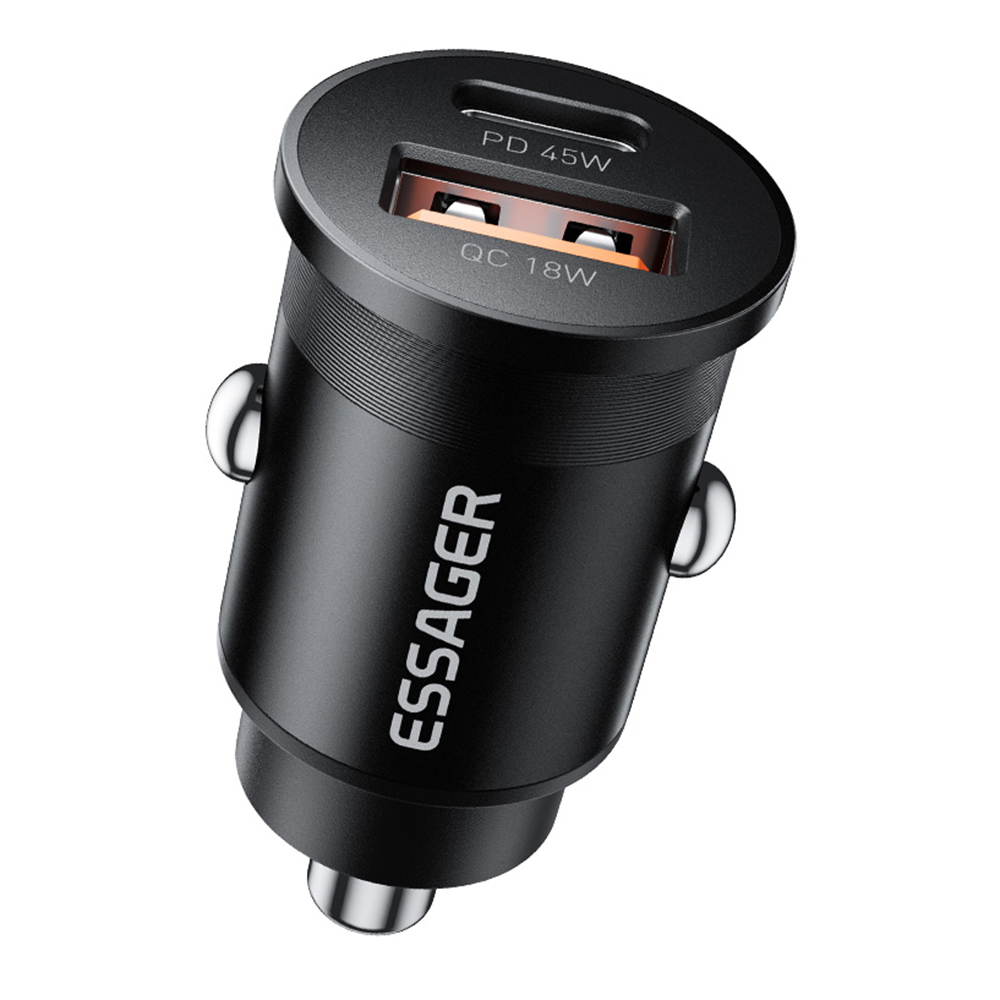 ESSAGER ES-CC15 Car Charger 45W Dual Port USB-A + Type-C Fast Charging Socket Cigarette Lighter - Black