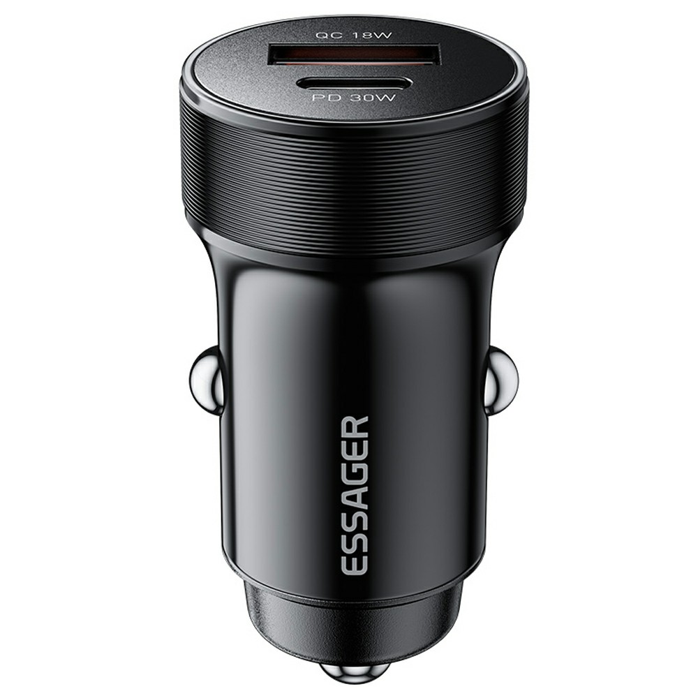 ESSAGER PD 30W Aluminum Alloy Car Charger Dual Port USB-A + Type-C Fast Charging Power Adapter with Smart Chip - Black