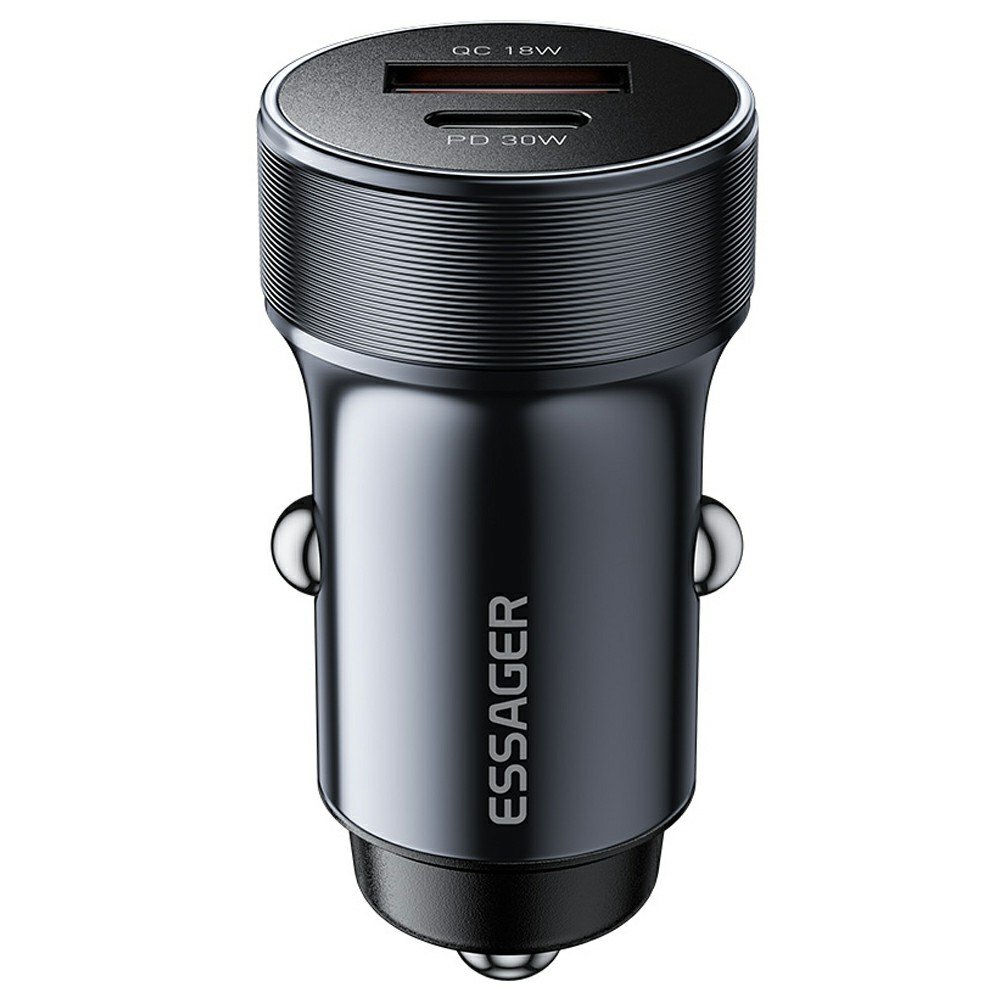 ESSAGER PD 30W Aluminum Alloy Car Charger Dual Port USB-A + Type-C with Smart Chip Fast Charging Power Adapter - Grey