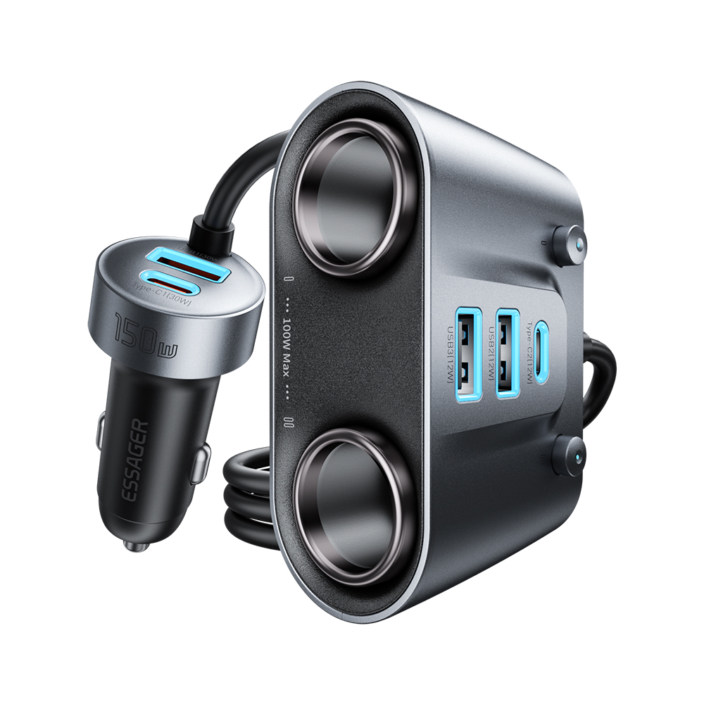 ESSAGER 150W High Power Car Cigarette Lighter Splitter Charger 2 USB C + 3 USB A Fast Charging Adapter