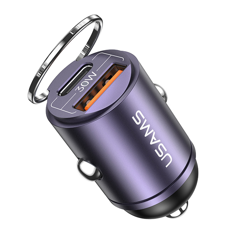 

USAMS US-CC206 C38 PD 30W USB A+C Fast Charging Aluminum Alloy Car Charger with Pull Ring - Purple, Universal