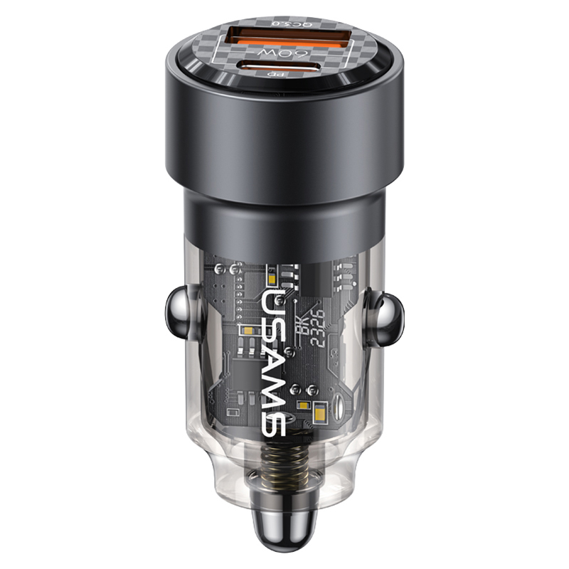 

USAMS US-CC208 C39 60W USB+Type-C Fast Charge Adapter PC+Aluminum Alloy Transparent Car Charger - Black, Universal
