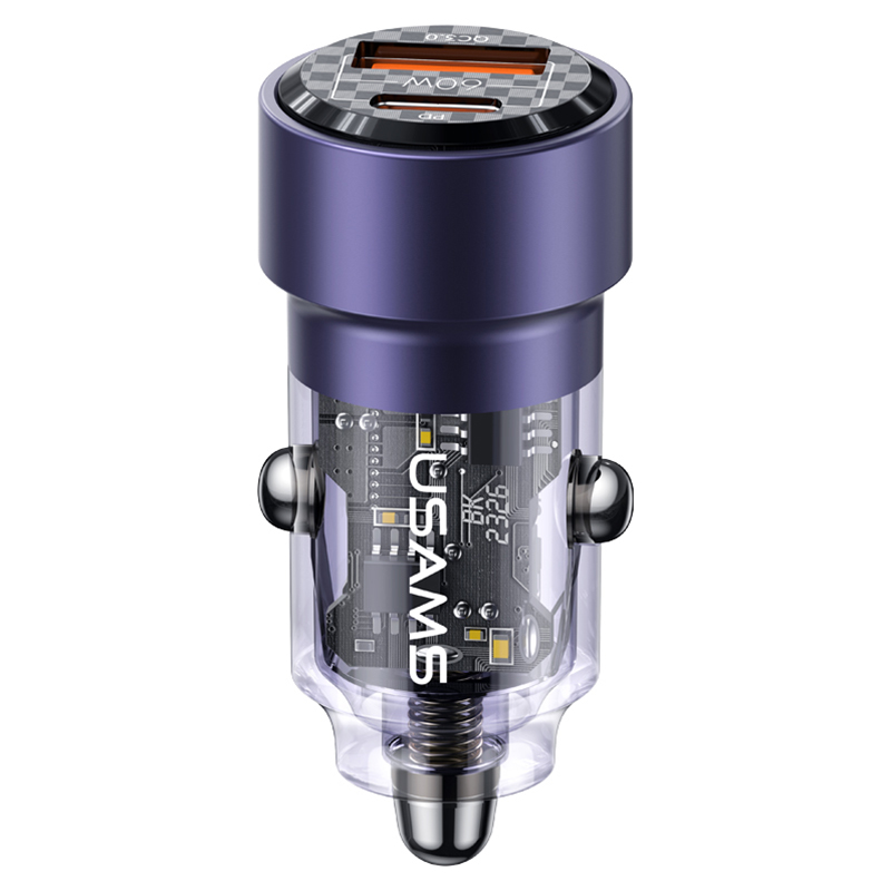 

USAMS US-CC208 C39 60W USB+Type-C Fast Charge Adapter PC+Aluminum Alloy Transparent Car Charger - Purple, Universal