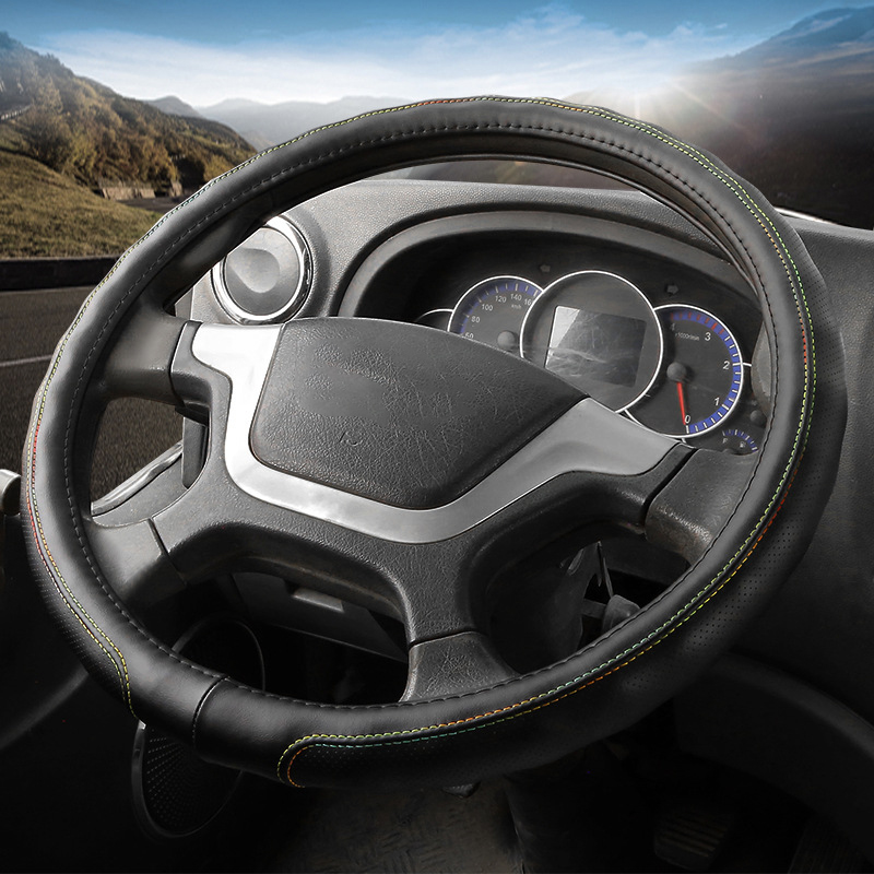 47CM Steering Wheel Shell Comfortable Leather Sleeve Protector Cover for Truck - Black+Colorful Line
