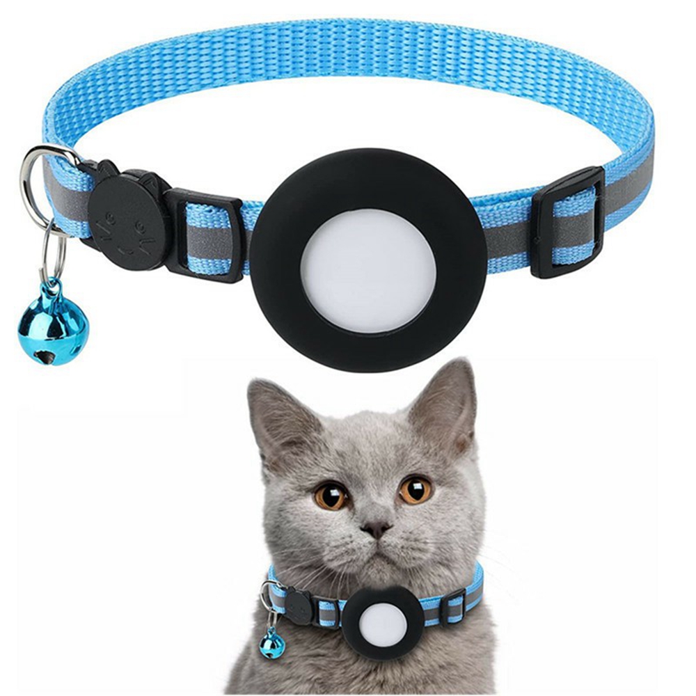 For Airtag Cat Collar with Bell Adjustable Safety Buckle Reflective Nylon Pet Collar with Silicone Case - Sky Blue