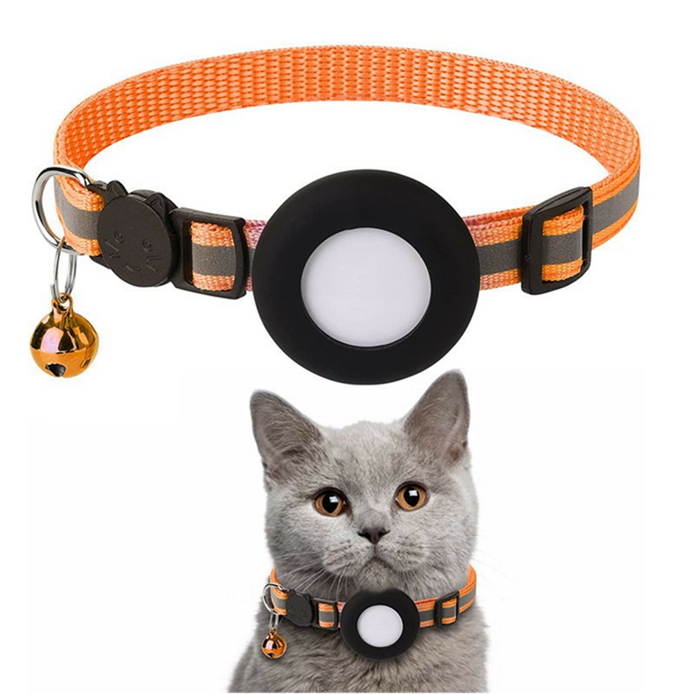 For Airtag Cat Collar with Bell Adjustable Safety Buckle Reflective Nylon Pet Collar with Silicone Case - Orange