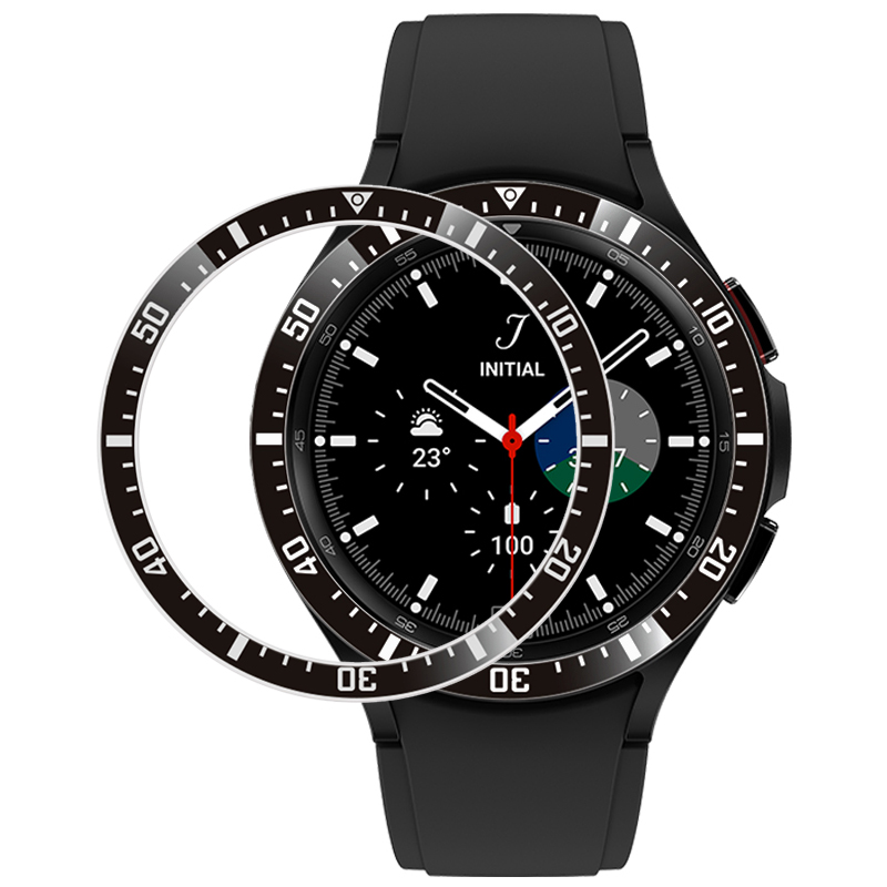 For Samsung Galaxy Watch4 Classic 42mm Watch Bezel Loop Metal Adhesive Watch Bezel Cover Anti-Scratch Sticker Ring (Type A) - Black   White Characters