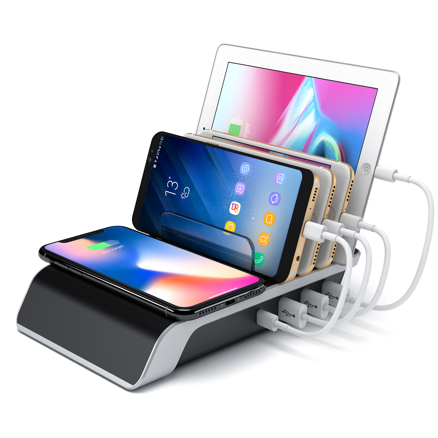 

YD09 Multiple Charger Dock Organizer Stand 4 USB Ports Desktop Charging Station QI Wireless Charging Pad, iPhone 12 mini