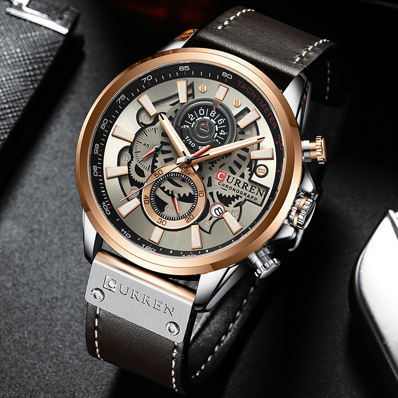 

CURREN Waterproof Men Quartz Watch Leather Strap Multi-function Luminous Wristwatch - Black/Gold
