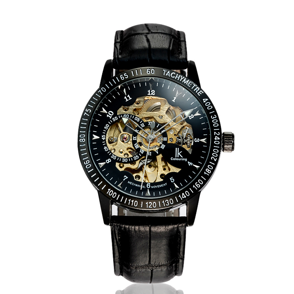 

IKCOLOURING Waterproof Men Hollow Automatic Mechanical Movement Watch - Black/Black/Gold/Black Leather Band
