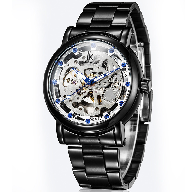 

IKCOLOURING Waterproof Rhinestone Men Hollow Automatic Mechanical Movement Watch - Silver/Black Stainless Steel Band