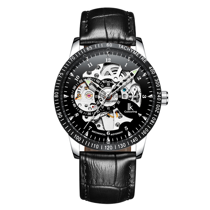 

IKCOLOURING Hollow Automatic Mechanical Movement Watch Leather Band - White/Silver/Black/Black